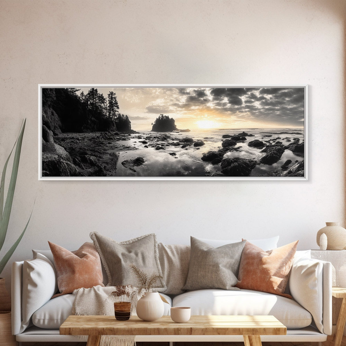 Sunset Shoreline, Moody Rocks, Forested Coast, Framed Canvas Print, nature lover gift, fall coastal art, rustic bathroom wall decor