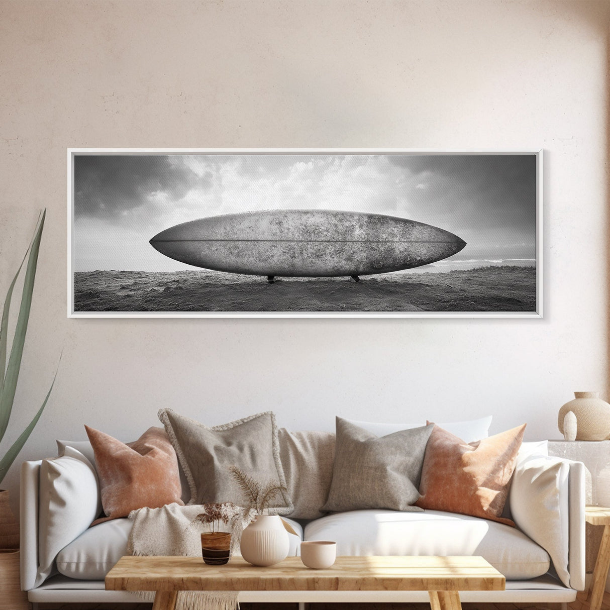 Surfboard Alone, Beach Sand, Cloudy Sky, Framed Canvas Print, minimalist surf art, coastal man cave decor, surf lover gift idea