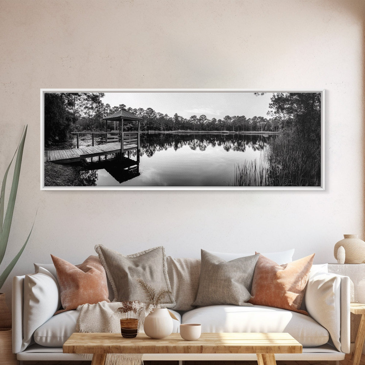 Still Lake Dock, Nature Reflections, Tranquil Scene, Canvas Print, Rustic Landscape Photography, Farmhouse Wall Art, Entryway Decor