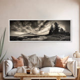 Mountain Shoreline, Stormy Sky, Forest Edge, Canvas Print, Wilderness Landscape Art, Cabin Decor, Moody Nature Photography