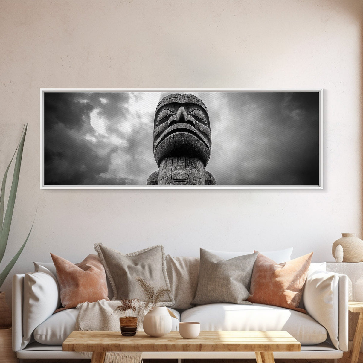Tribal Totem Head, Cultural Wall Art, Primitive Sculpture Print, Monochrome Decor, Canvas Print, Office or Study Accent