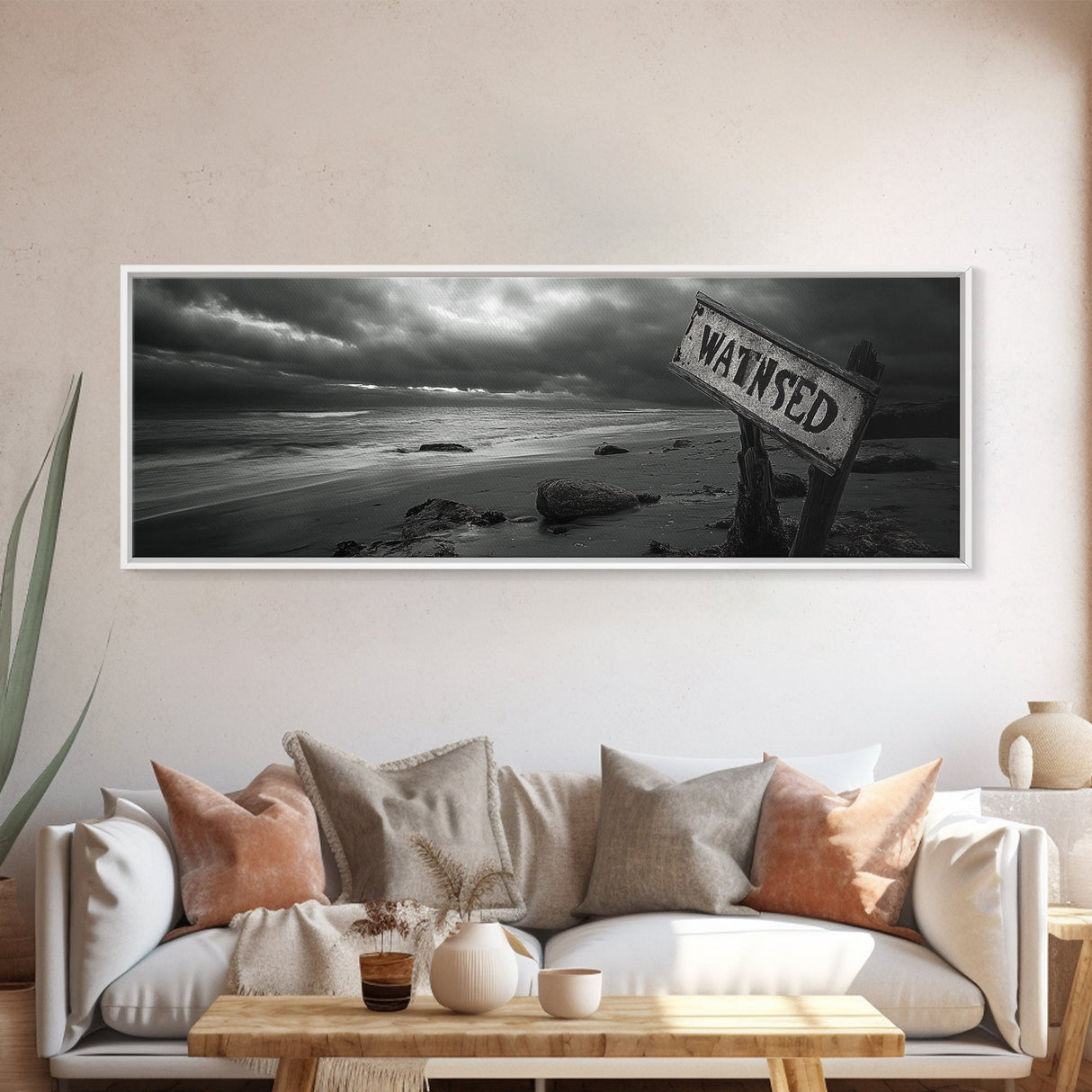 Stormy Beach, Weathered Sign, Moody Ocean, Black and White Photography, Framed Canvas Print, Coastal Gothic Wall Art, Autumn Decor