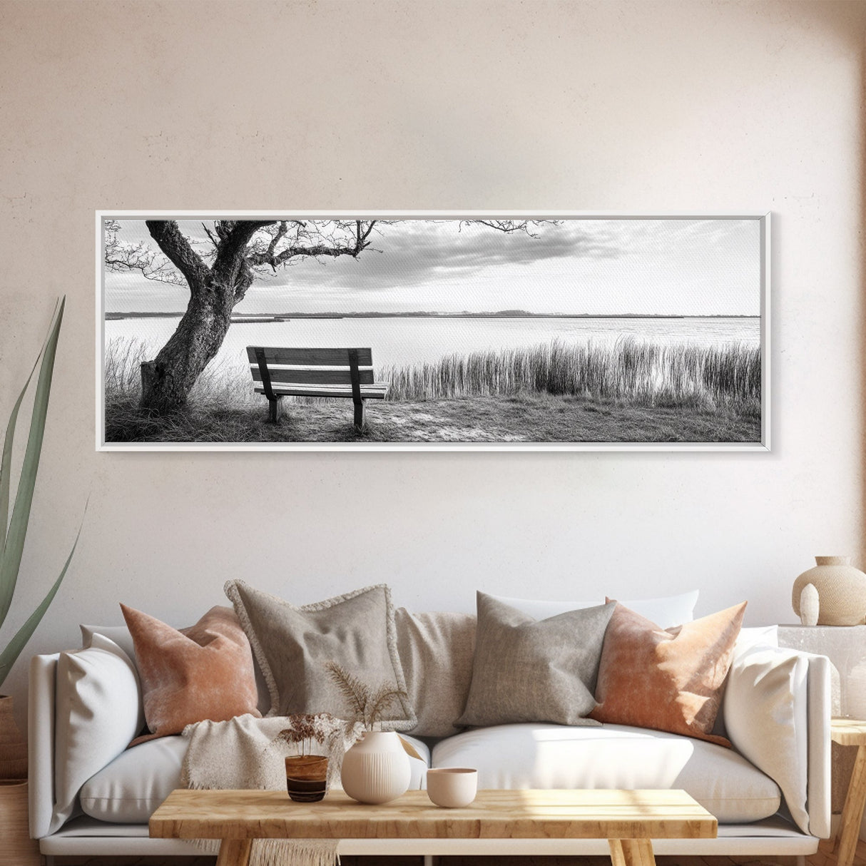 Quiet Lake Bench, Peaceful Reflection, Nature Photography, Framed Canvas Print, Serene Bedroom Decor, Minimalist Living Room Wall Art