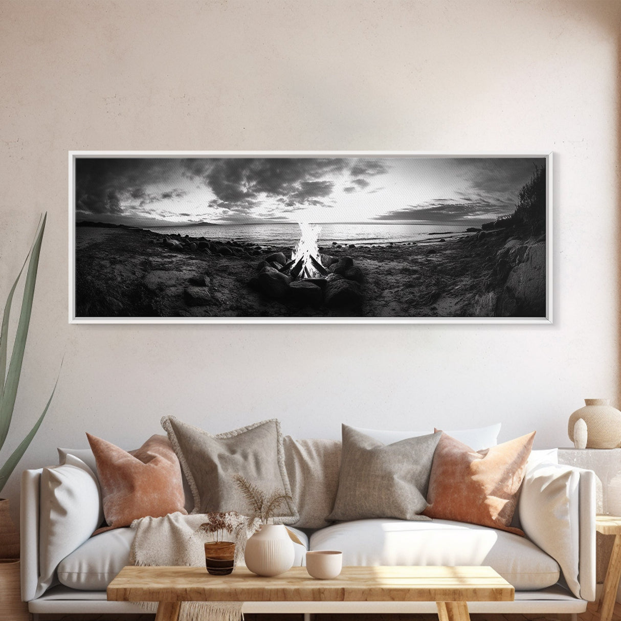 Seaside Fire, Coastal Camp, Black White, Night Shore, Framed Canvas Print, Fall decor, rustic outdoor art, cozy cabin wall art, man cave