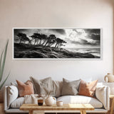 Windswept Pines, Stormy Sea, Moody Coastal Scene, Framed Canvas Print, Rustic Nature Decor, Bedroom Wall Art, Autumn Vibes