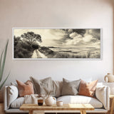 Country Road, Marshland Meadow, Lone Tree Landscape, Framed Canvas Print, Rustic Fall Wall Art, Entryway Decor, Neutral Nature Style