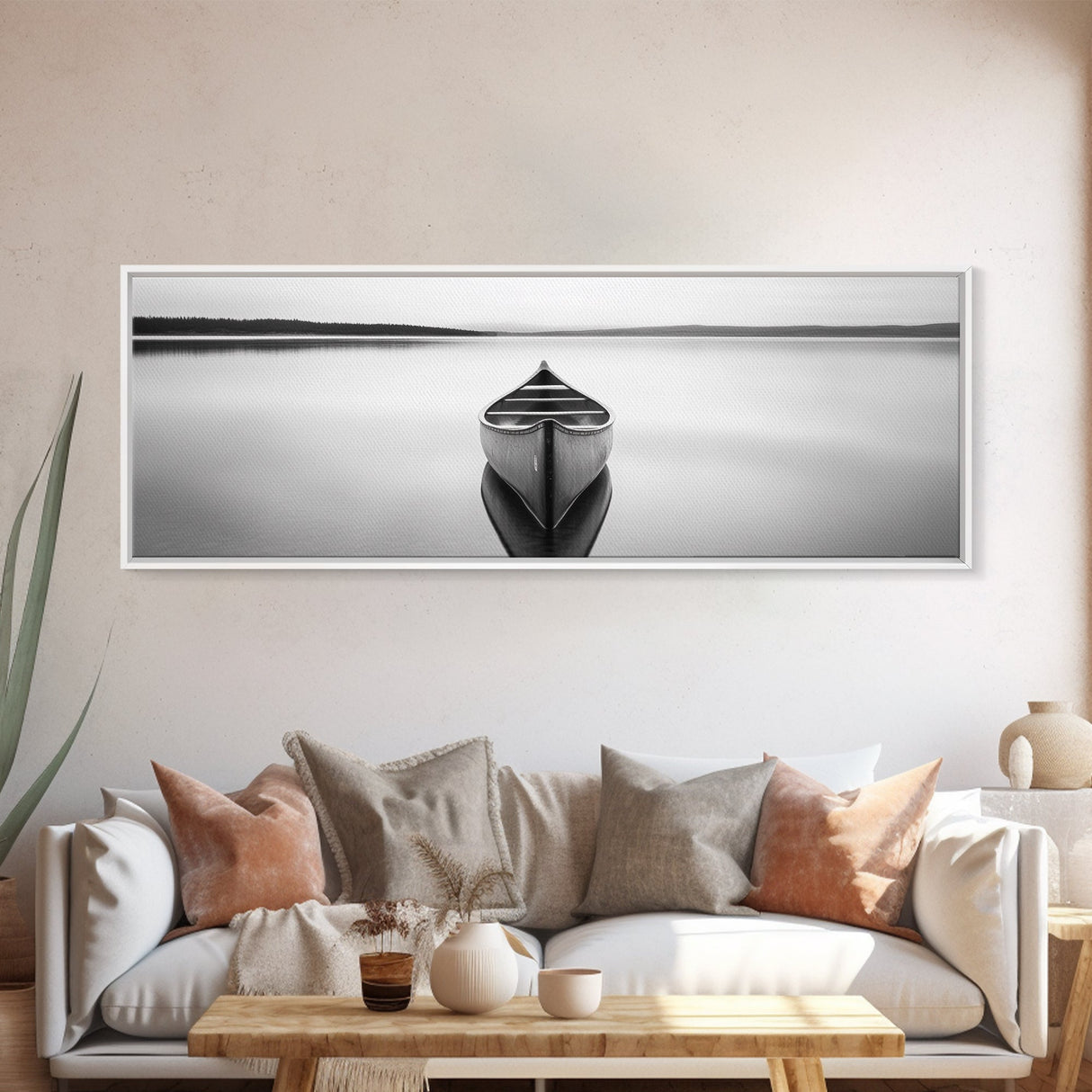 Still Canoe, Lake Mirror, Serene Water, Monochrome Boat, Framed Canvas Print, minimalist wall art, peaceful bedroom decor, boho lake style