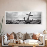 Anchor Shore, Ocean Symbol, Coastal Rust, Nautical Fog, Framed Canvas Print, Bathroom Decor, Marine Wall Art, Minimalist Nautical Style