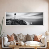 Lighthouse Serenity, Coastal Fog, Ocean Horizon, Canvas Print, Black and White Decor, Office Wall Art, Nautical Theme, Moody Photography
