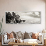 Windy Pines, Rocky Shoreline, Ocean Wilderness, Canvas Print, Vintage Nature Photography, Hallway Wall Art, Outdoor Adventure Vibe