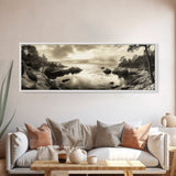 Hidden Cove Sunset, Rocky Seascape, Coastal Tranquility, Framed Canvas Print, Forest Edge, Moody Living Room Wall Art, Seaside Escape