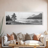 Foggy River Valley, Evergreen Mountains, Morning Mist Landscape, Framed Canvas Print, Tranquil Bedroom Art, Nature Inspired Decor