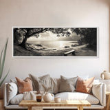 Serene Bench, Ocean View, Tropical Shoreline, Framed Canvas Print, Tranquil Beach Art, Entryway Decor, Nature Photography Wall Art
