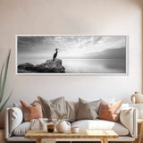 Solitary Bird, Ocean Rock, Minimalist Seascape, Canvas Print, Peaceful Wall Art, Zen Decor, Black and White Living Room Accent