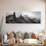 Jagged Peaks, Foggy Mountains, Dramatic Range, Canvas Print, Monochrome Wilderness Art, Office or Cabin Wall Decor, Adventure Style
