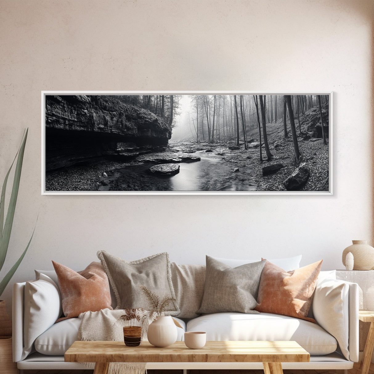 Misty River, Tranquil Forest, Autumn Nature, Monochrome Photography, Framed Canvas Print, Bedroom Wall Art, Rustic Decor, Minimalist Style