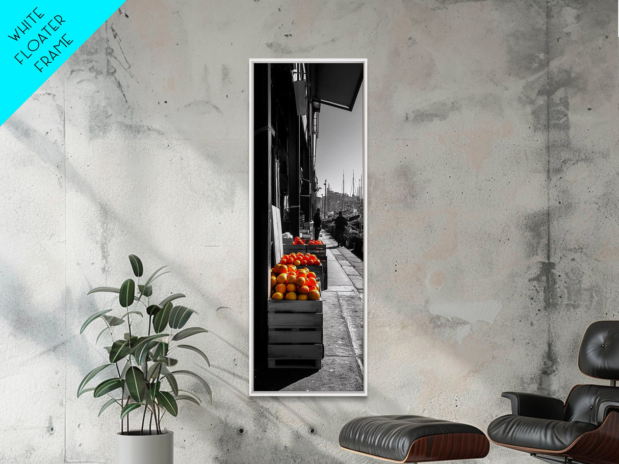 Orange Crates, Market Scene, Harbor View, Urban Life – Framed Canvas Print, Kitchen Wall Art, Rustic Market Decor, Fall City Aesthetic