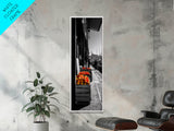 Orange Crates, Market Scene, Harbor View, Urban Life – Framed Canvas Print, Kitchen Wall Art, Rustic Market Decor, Fall City Aesthetic