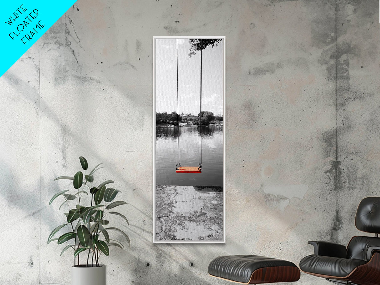 Swing Over Lake, Still Waters, Childhood Memories, Tranquil View – Canvas Print, Minimalist Wall Art, Kids Room Decor, Serene Black and White