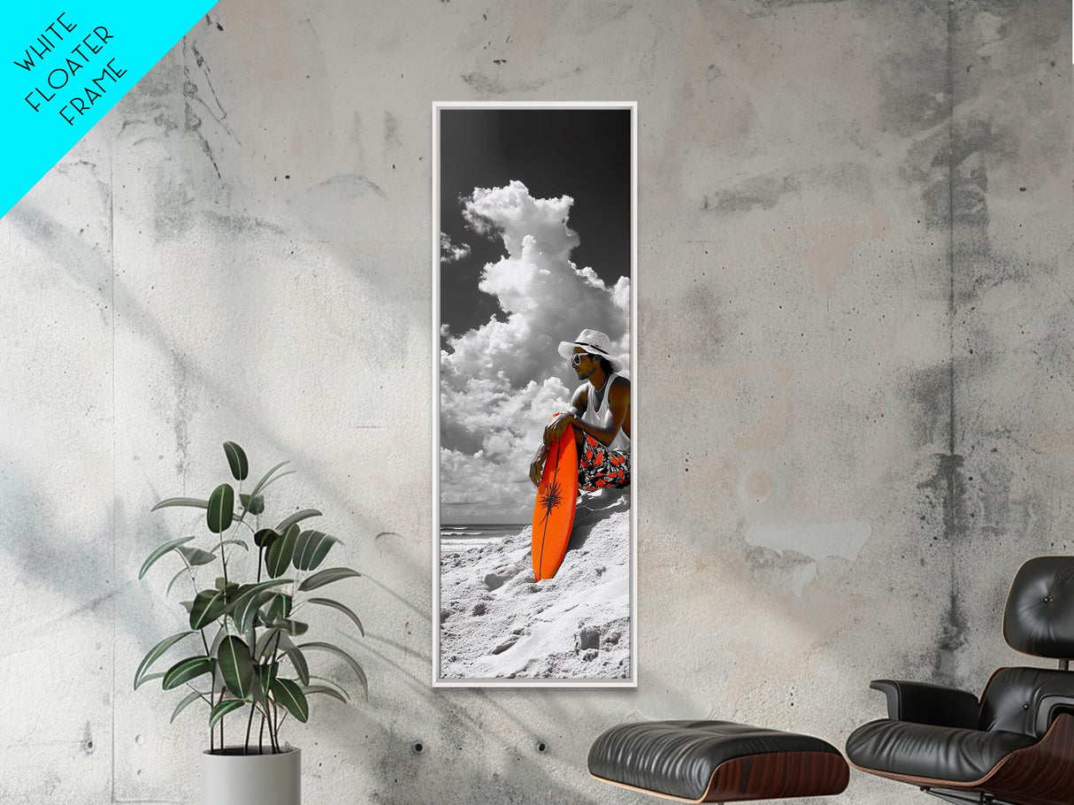 Surfer Beach Day, Orange Surfboard, Ocean Mood, Framed Canvas Print, Tropical Wall Art, Coastal Bedroom Decor, Modern Minimalist Style