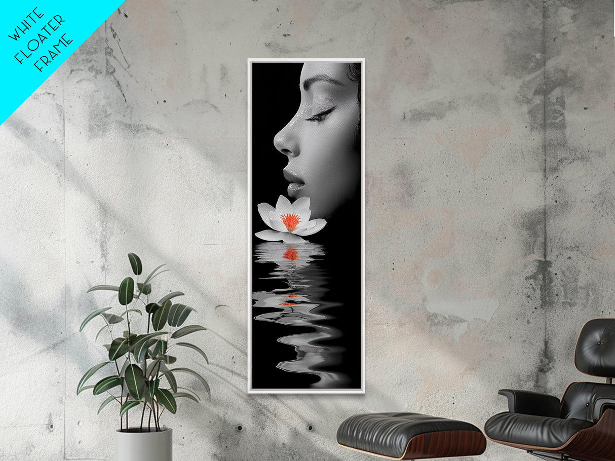 Lotus Beauty, Reflection Art, Feminine Calm, Elegant Profile, Framed Canvas Print, Spa Wall Art, Zen Decor, Minimalist Bathroom Art
