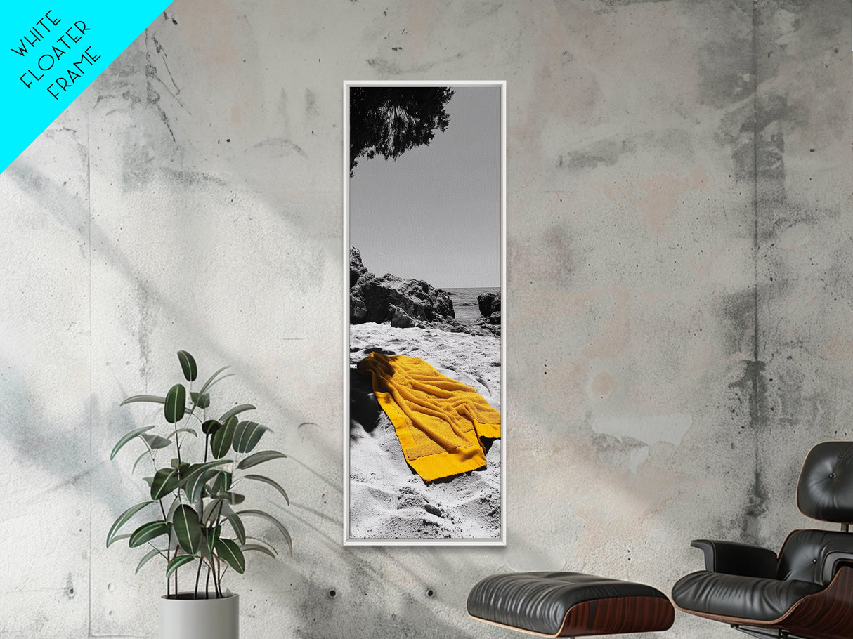 Yellow Towel, Secluded Beach, Summer Moment, Framed Canvas Print, Coastal Bathroom Art, Minimalist Beach Decor, Relaxation Wall Art
