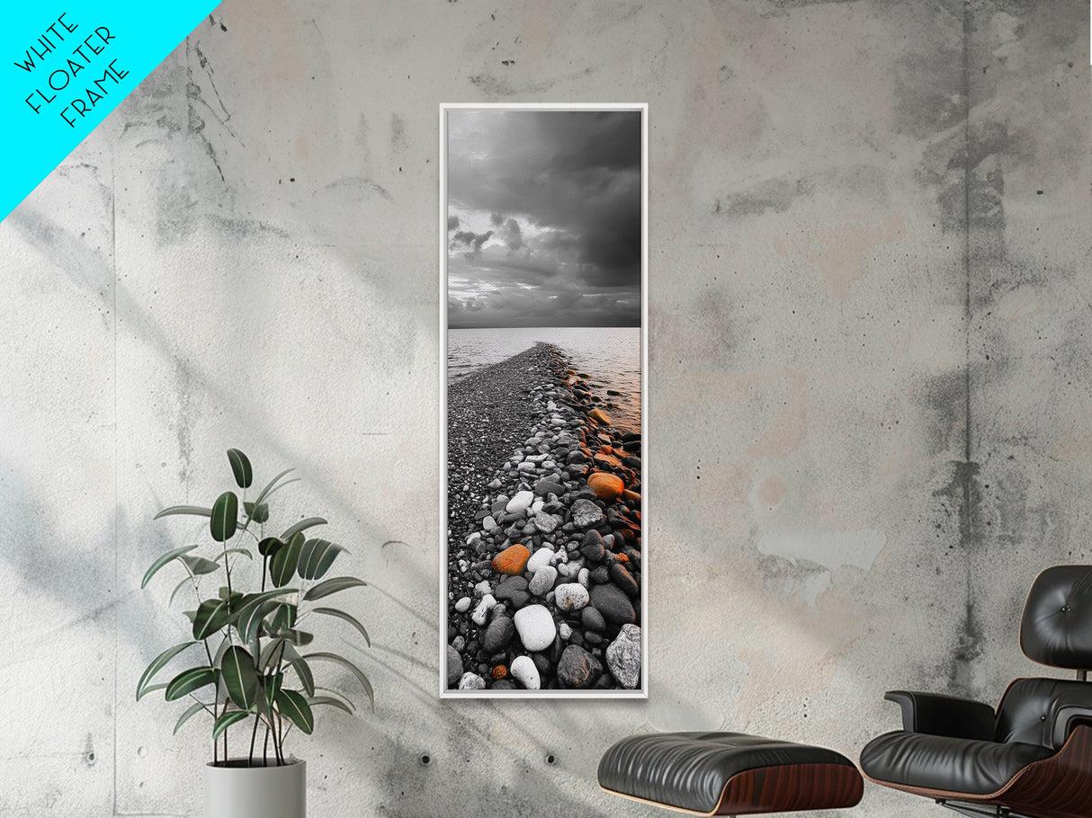 Rocky Shoreline, Sunset Glow, Ocean Path, Coastal Landscape, Canvas Print, Tranquil Nature Art, Bathroom Wall Decor Coastal Style
