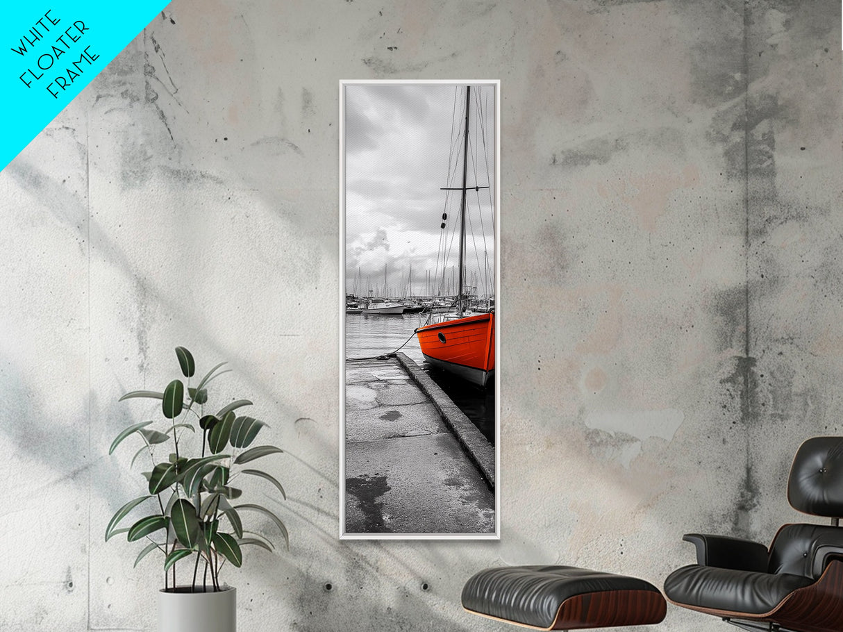 Vibrant Boat, Dockside Scene, Nautical Decor, Color Accent, Framed Canvas Print, Black and White Photography, Coastal Wall Art, Bathroom Art