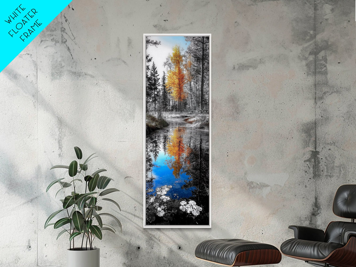 Golden Tree, Blue Reflection, Autumn Forest Mirror, Seasonal Beauty, Canvas Print, Fall Wall Art, Nature Decor, Living Room Accent