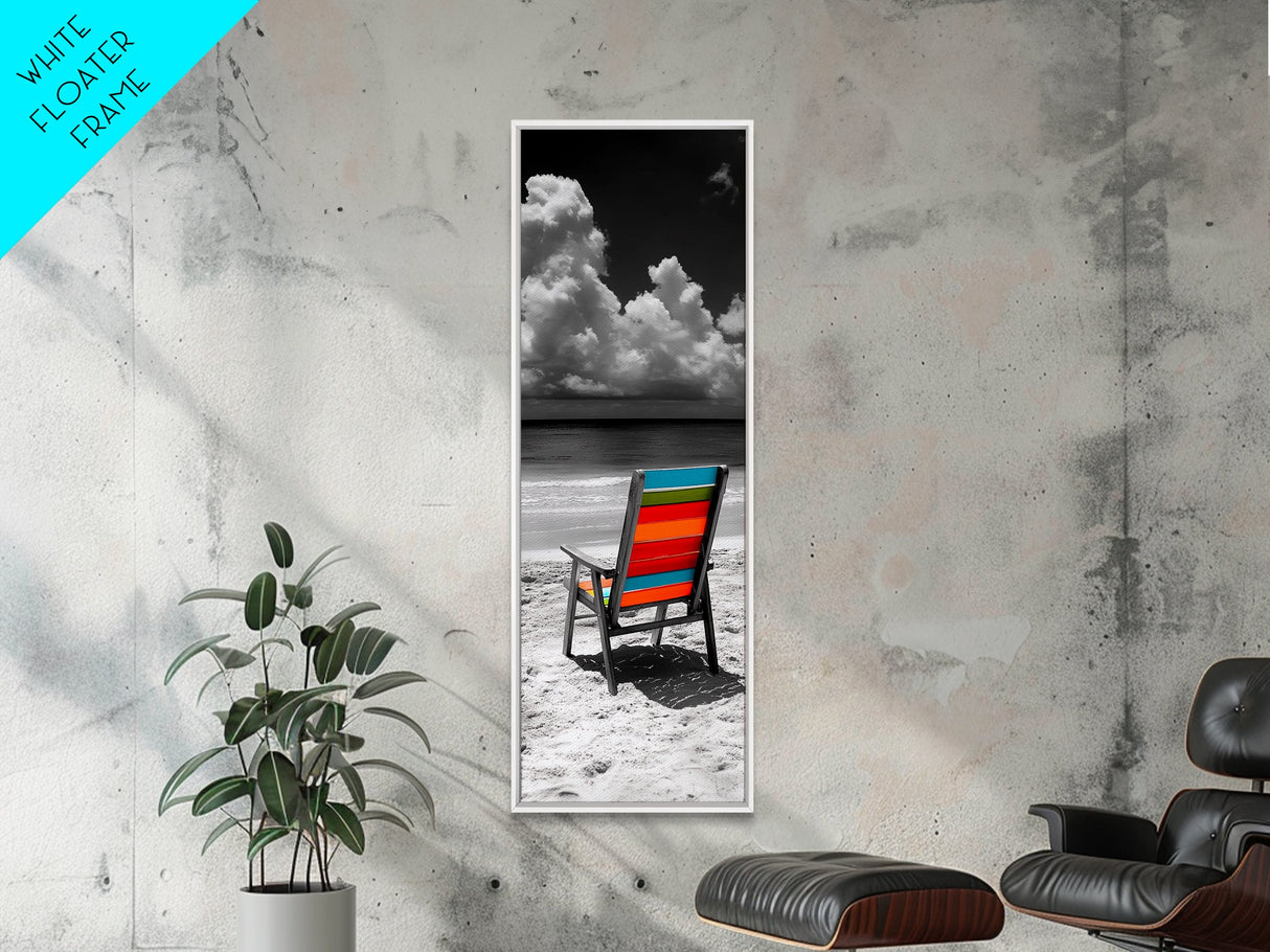 Colorful Chair, Ocean View, Peaceful Beach, Framed Canvas Print, Tropical Office Wall Art, Coastal Modern Decor, Relaxed Summer Vibe