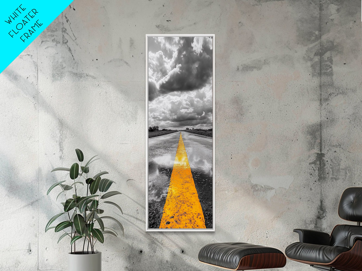 Yellow Road Line, Moody Highway, Stormy Skies, Monochrome Vibes, Framed Canvas Print, Modern Office Art, Minimalist Photography Decor