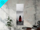 Solitude Reflection, Red Dress Woman, Tranquil Mood, Autumn Lake Scene, Framed Canvas Print, Mindful Art, Bedroom Wall Decor