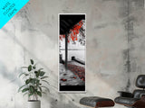 Fall Porch Scene, Lakeview Autumn, Red Leaves Deck, Tranquil Water, Canvas Print, Rustic Wall Art, Cozy Cabin Decor, Entryway Style