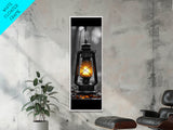 Vintage Lantern Glow, Moody Forest Scene, Rainy Night Light, Framed Canvas Print Rustic Entryway Wall Art, Autumn Warmth Art Style
