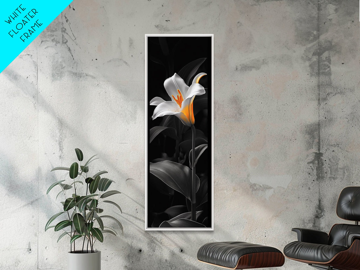 White Lily Bloom, Moody Flower Art, Dark Botanical, Elegant Glow, Framed Canvas Print Bedroom Wall Art, Modern Floral Minimalist