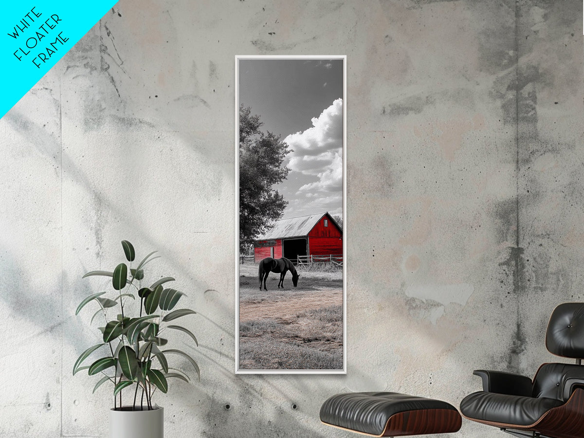 Red Barn, Black Horse, Country Charm, Rustic Farm Framed Canvas Print, farmhouse wall decor, autumn art, rustic bedroom wall art
