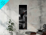 Loon Bird, Red Eye, Monochrome Wildlife, Nature Framed Canvas Print, modern living room wall art, black and white animal art