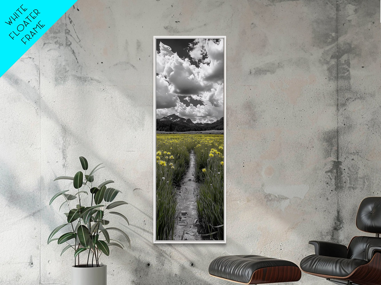 Yellow Field, Mountain Trail, Alpine Meadow, Bright Sky Framed Canvas Print, nature lover gift, landscape wall decor, cabin wall art