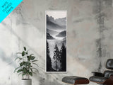 Foggy Mountains, Pine Forest, Valley Mist, Calm Landscape, Canvas Print, entryway wall art, cozy cabin vibes, grayscale art style