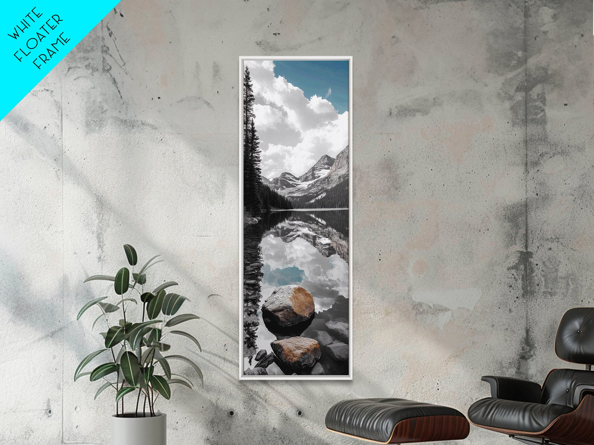 Alpine Reflection, Lake View, Mountain Tranquility, Framed Canvas Print, Nature Lover Gift, Bathroom Wall Art, Boho Landscape Art, Neutral Decor