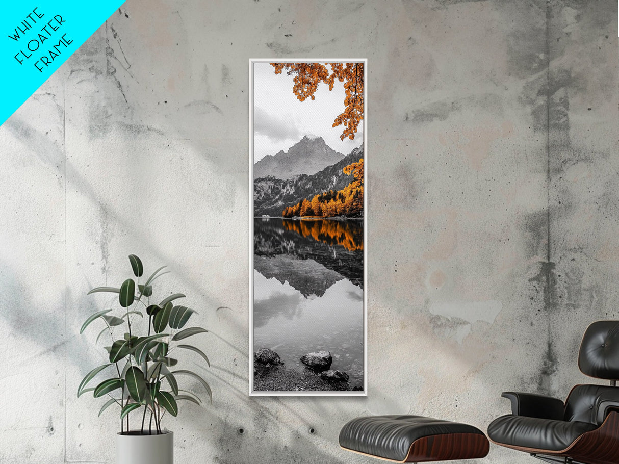Lake Reflection, Autumn Colors, Scenic Mountains, Framed Canvas Print, Cozy Cabin Wall Art, Fall Wall Decor, Rustic Modern Home Style