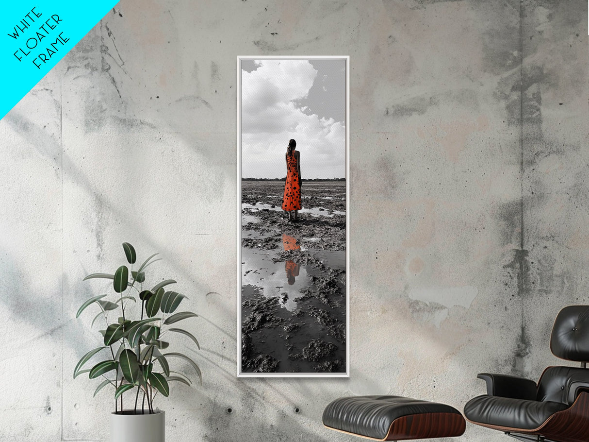 Solitary Woman, Polka Dot Dress, Reflected Mood, Framed Canvas Print, Surreal Fine Art, Bedroom Wall Art, Contemporary Minimalist Style