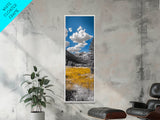 Golden Field, Mountain Range, Blue Sky, Framed Canvas Print, Autumn Landscape Art, Nature Lover Gift, Cabin Wall Art, Rustic Farmhouse Decor