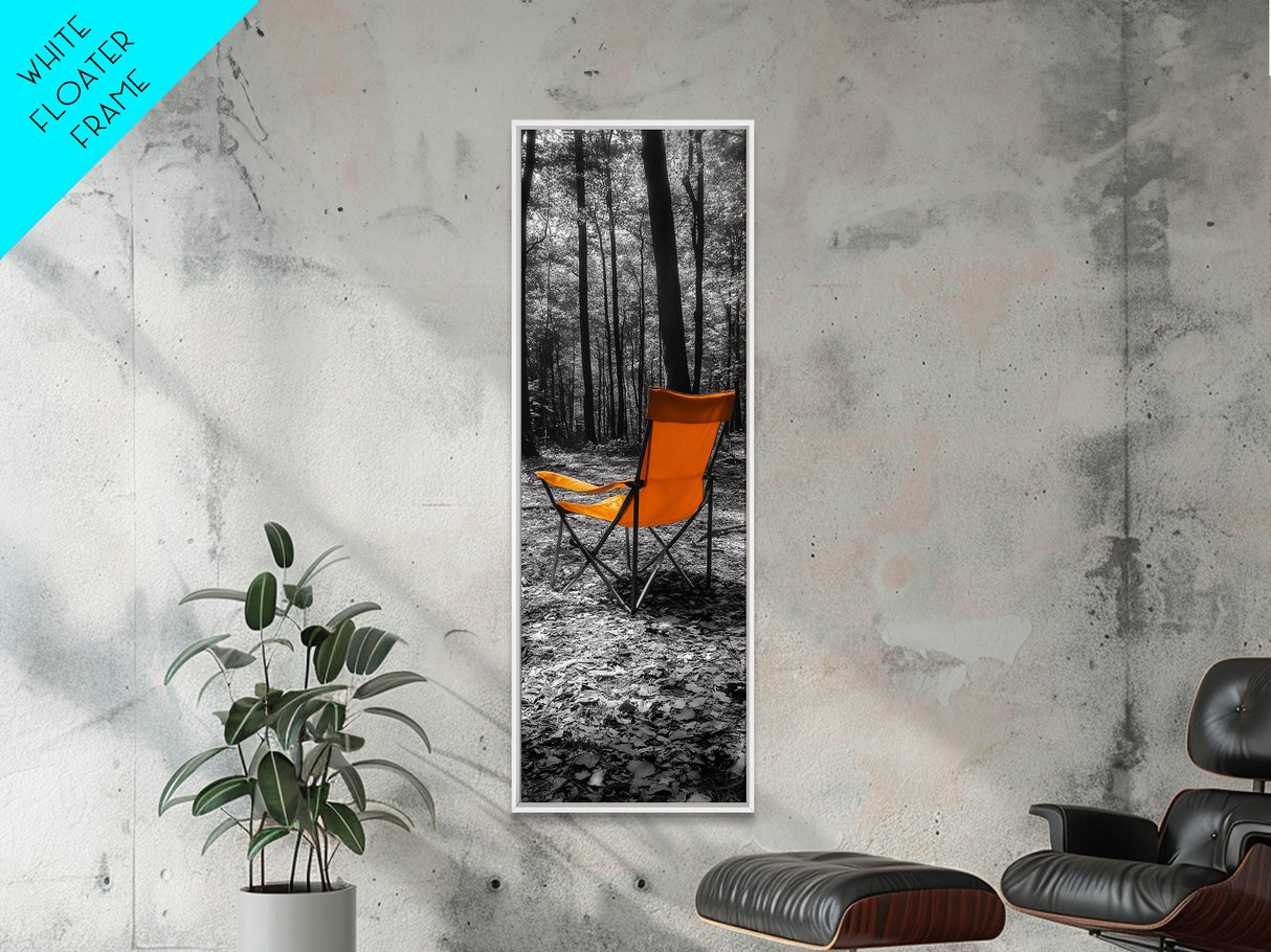 Autumn Forest Chair, Solitude in Nature, Outdoor Retreat, Framed Canvas Print, Fall Wall Art, Minimalist Cabin Decor, Nature Lover Gift