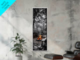 Forest Firepit, Glowing Flames, Wilderness Night, Framed Canvas Print, Camping Wall Art, Rustic Fall Decor, Cabin Living Style