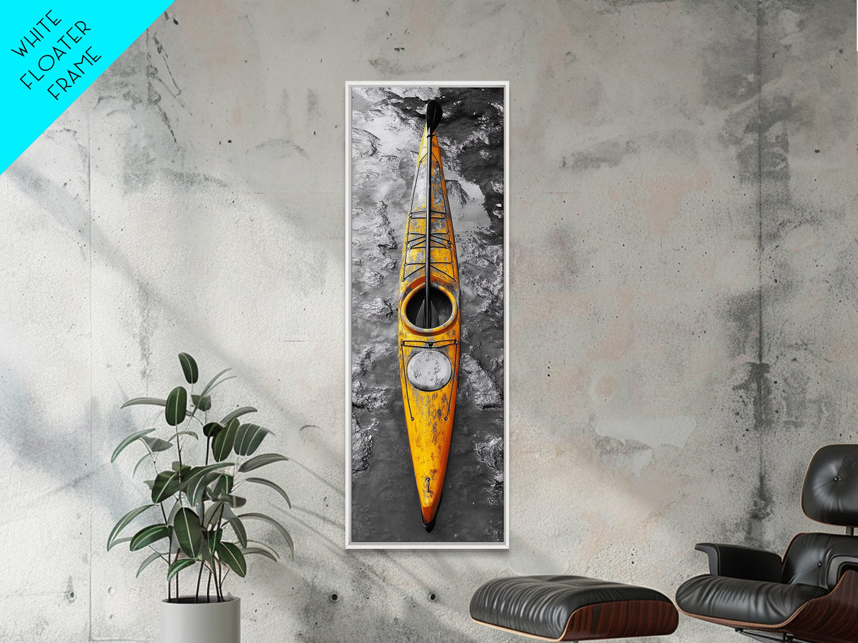 Yellow Kayak, Muddied Shoreline, Solo Adventure, Framed Canvas Print, Rustic Outdoors Decor, Autumn Wall Art, Boho Kayaking Style