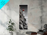 Red Lighthouse Art, Nautical Coastal Scene, Moody Seaside Decor, Framed Canvas Print, Ocean Wall Art, Bathroom or Office Accent