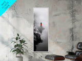 Misty Lighthouse View, Red Beacon Decor, Coastal Minimalist Art, Framed Canvas Print, Modern Seascape Living Room Wall Decor