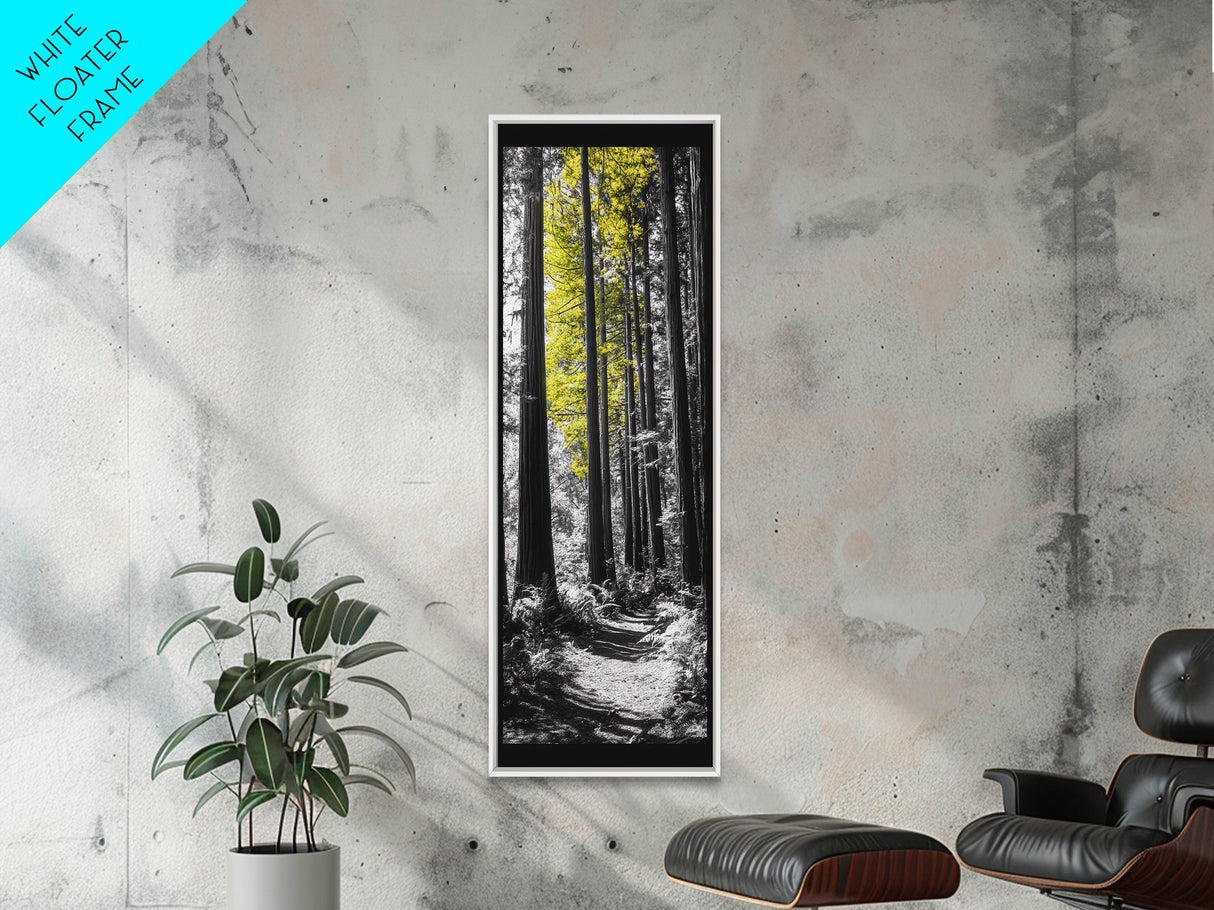 Forest Path Print, Yellow Tree Glow Art, Nature Lover’s Retreat, Framed Canvas Print, Fall Woodland Living Room Wall Decor, Moody Landscape