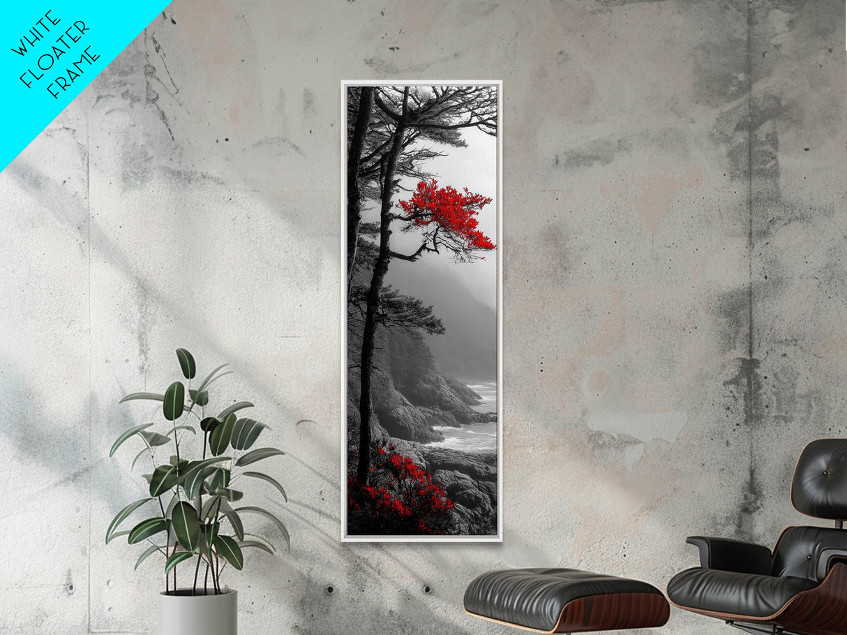 Red Tree, Misty Coast, Autumn Serenity, Coastal Nature Wall Art, Framed Canvas Print, Moody Landscape, Fall Living Room Decor, Minimalist Art